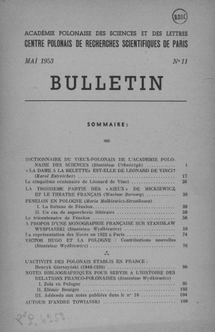 Bulletin (1953; n°11)  Sous-Titre : Académie Polonaise des Sciences et Lettres. Centre polonais de recherches scientifiques de Paris