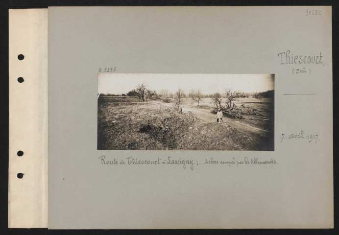Thiescourt (près). Route de Thiescourt à Lassigny : arbres coupés par les Allemands