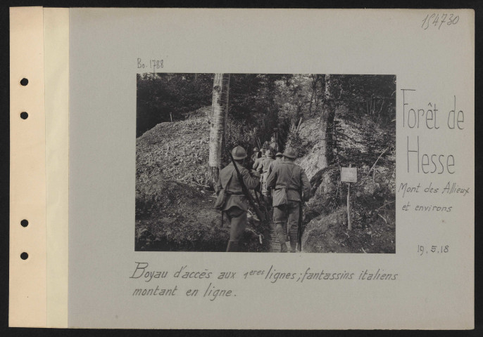 Forêt de Hesse, Mont des Allieux et environs. Boyau d'accès aux premières lignes ; fantassins italiens montant en ligne
