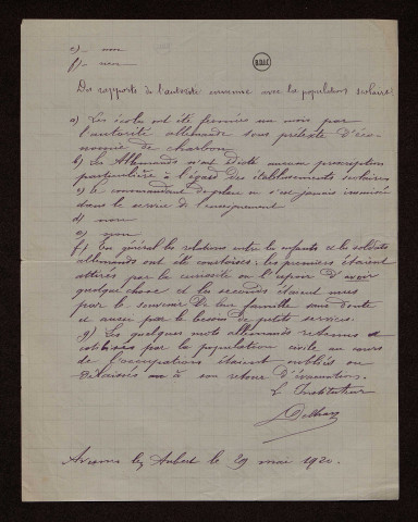 Avesnes les Aubert (59) : réponse au questionnaire sur le territoire occupé par les armées allemandes