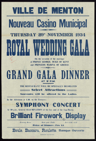 Royal Wedding Gala on the occasion of the marriage of Prince George, Duke of Kent, and Princess Marina of Greece