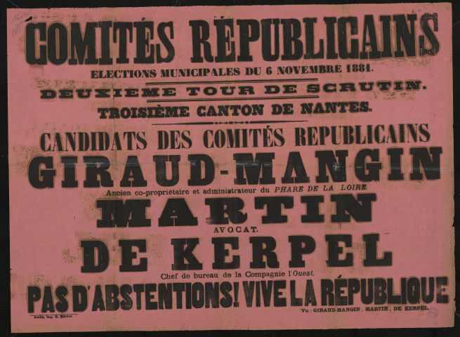 Comités républicains Élections Municipales... Troisième canton de Nantes : Candidats Giraux-Mangin Martin