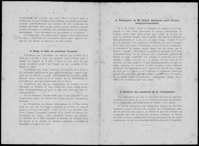 Bureau international permanent de la paix. Procès-verbal des séances de la commission des 6 et 5 mai 1899, à Berne