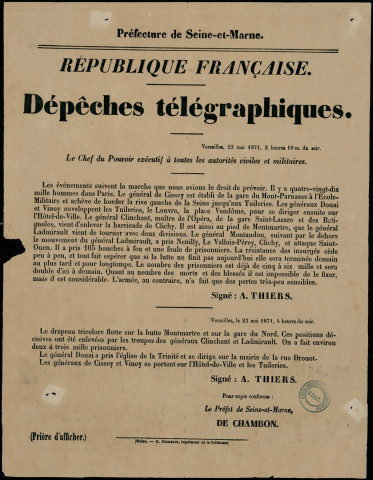 Dépêche télégraphique : Le général de Cissey est établi de la gare du Mont-Parnasse à l'Ecole Militaire