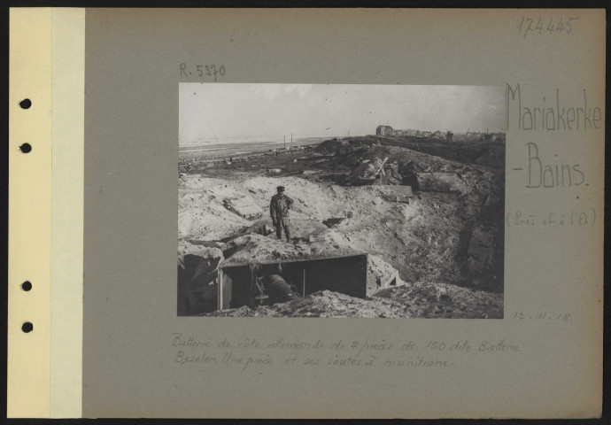 Mariakerke-Bains (près et à l'ouest). Batterie de côte allemande de quatre pièces de 150 dite batterie Beseler. Une pièce et ses soutes à munitions