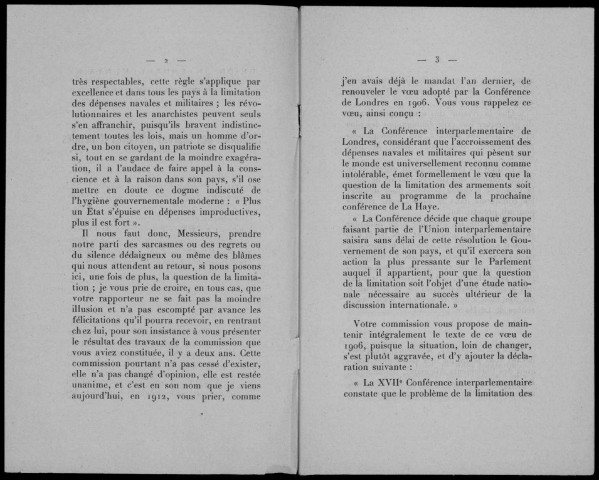 Union interparlementaire. XVIIe conférence. Genève, 18-20 septembre 1912. Sous-Titre : Limitation des charges militaires et navales