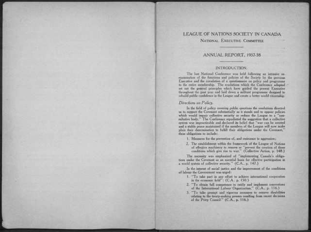 League of Nations Society in Canada. National executive Committe. Annual report 1937-1938. Sous-Titre : presented to the sixteenth annual national conference, Château Laurier, Ottawa, may 23, 1938