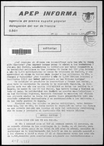 A.P.E.P. Informa (1975 : n°13;15;17). Sous-Titre : Agencia de Prensa España Popular. Delegación del sur de Francia