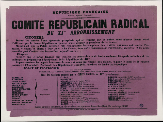Comité Républicain Radical du XIè arrondissement : Liste des Candidats proposés