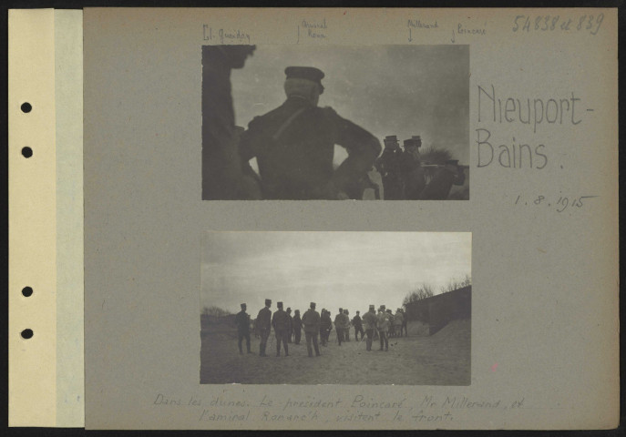 Nieuport-Bains. Dans les dunes. Le président Poincaré, M. Millerand et l'amiral Ronarc'h, visitent le front