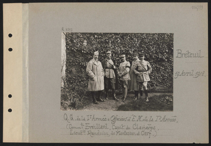 Breteuil. QG de la première armée : officiers d'EM de la première armée, (commandant Eveillard, capitaine de Clavières, lieutenant Randuin, de Montesson et Cerf)