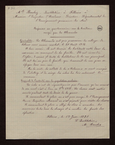 Felleries (59) : réponses au questionnaire sur le territoire occupé par les armées allemandes