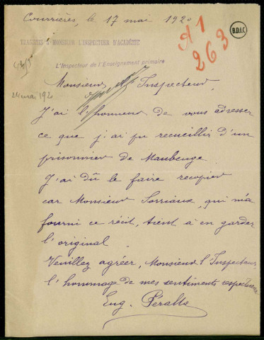 Document d'un prisonnier de guerre de Maubeuge, transmis à l'insp.de l'Académie de Lille le 17/5/20
