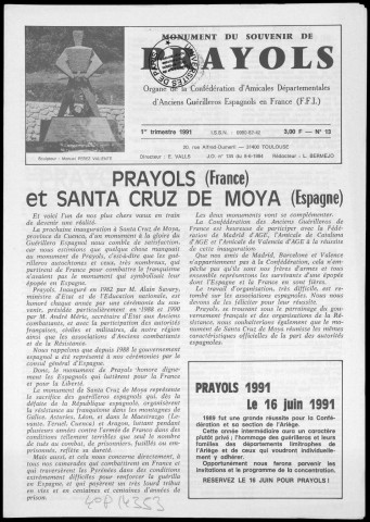 Monument du souvenir de Prayols (1991 : n° 13-15). Sous-Titre : organe de la Confédération d'Amicales Départementales d'Anciens Guerilleros Espagnols en France (F.F.I.)