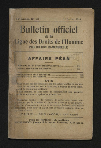 Juillet 1914 - Bulletin officiel de la Ligue des Droits de l'Homme