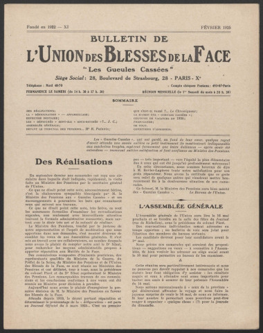 Année 1925. Bulletin de l'Union des blessés de la face "Les Gueules cassées"