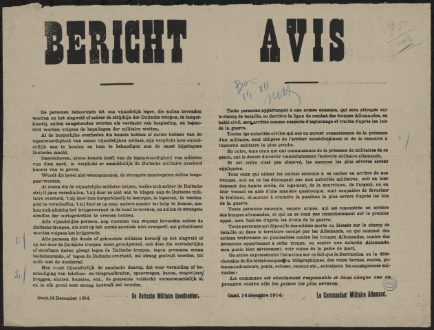 De personen behoorende töt een vijandelijk leger ... zullen aangehouden worden als verdacht van bespieding = Toute personne appartenant à une armée ennemie ... sera arrêtée comme suspecte d'espionnage