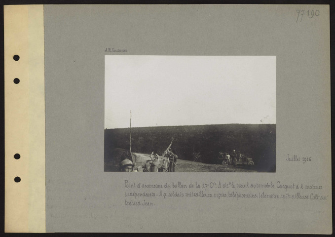 S.l. Point d'ascension du ballon de la 27e compagnie. À droite, le treuil automobile Cacquot à deux moteurs indépendants. À gauche, soldats mitrailleurs, vigies, téléphonistes, télémètre, mitrailleuse Colt sur trépied Jean