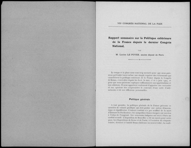 Congrès national de la paix. Clermont-Ferrand. 1911. Rapport sommaire sur la politique extérieure de la France depuis le dernier Congrès National