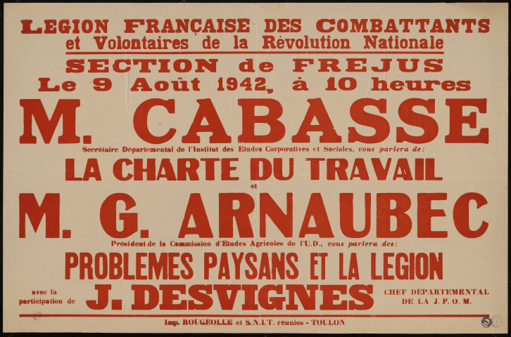 M. Cabasse... la charte du travail ... M. G. Arnaubec... Problèmes paysans et la légion