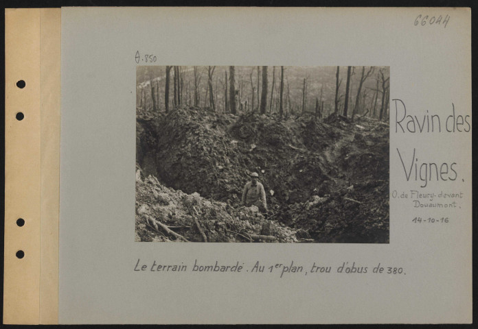 Ravin des Vignes (ouest de Fleury devant Douaumont). Le terrain bombardé. Au premier plan trou d'obus de 380