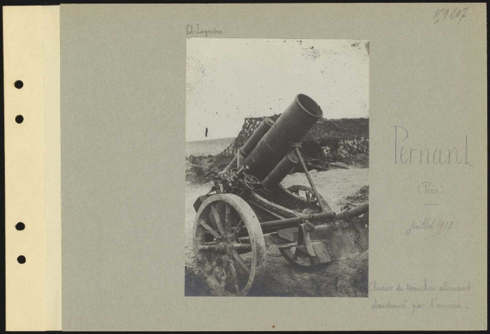 Pernant (près). Obusier de tranchée allemand abandonné par l'ennemi