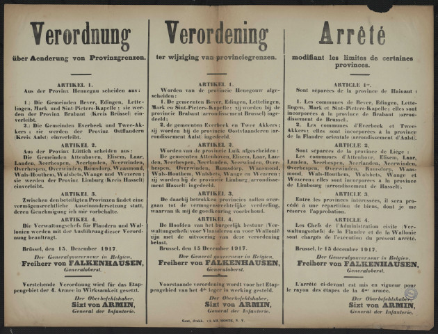 Verordnung über Aenderung von Provinzgrenzen = Verordening ter wijziging van provinciegrenzen = Arrêté modifiant les limites de certaines provinces