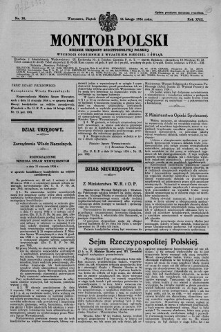 Monitor Polski (1934)  Sous-Titre : Dziennik Urzedowy Rzeczpospolitej Polskiej