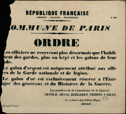 N°281. Les officiers ne recevront plus désormais que l'habillement des gardes