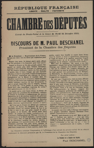 Chambre des députés : extrait du procès-verbal de la séance du mardi 22 décembre 1914. Discours de M. Paul Deschanel, président de la Chambre des députés