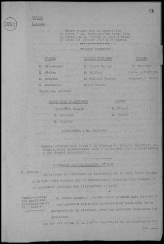 Séance du Conseil supérieur de guerre (CSG), le 13 janvier 1919 à 16h. Sous-Titre : Conférences de la paix