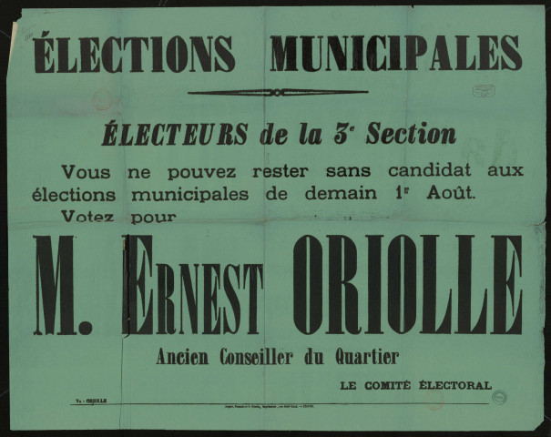 Élections Municipales : Votez pour M. Ernest Oriolle