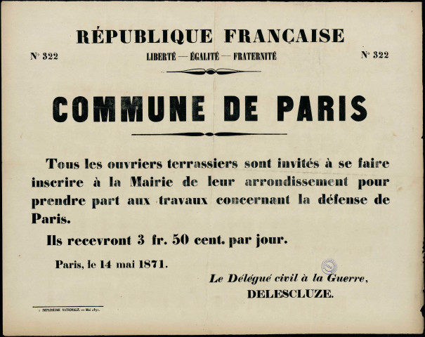 N°322. Tous les terrassiers sont invités à se faire inscrire pour travaux défense de Paris