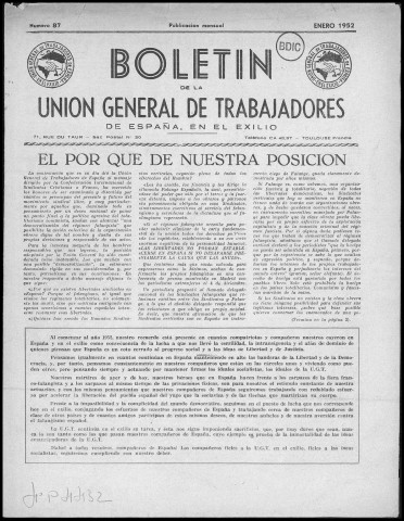 Boletín de la Unión general de trabajadores de España en exilio (1952 ; n° 87-98). Autre titre : Suite de : Boletín de la Unión general de trabajadores de España en Francia y su imperio