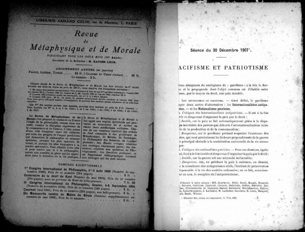 Bulletin de la Société française de philosophie. Sous-Titre : Pacifisme et patriotisme, thèse de M. Ruyssen