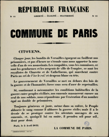 N°66. Chaque jour, les bandits de Versailles égorgent ou fusillent nos prisonniers