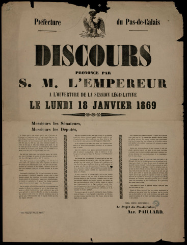 Discours prononcé par S. M. l'Empereur à l'ouverture de la session législative le lundi 18 janvier 1869