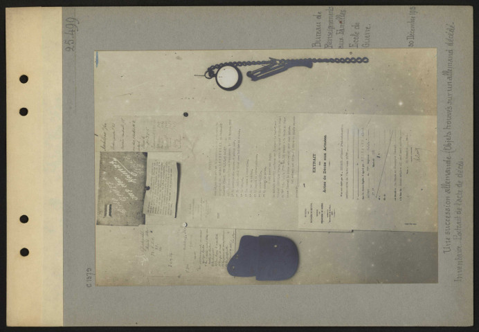 Une succession allemande (objets trouvés sur un Allemand décédé). Inventaire, extrait d'acte de décès