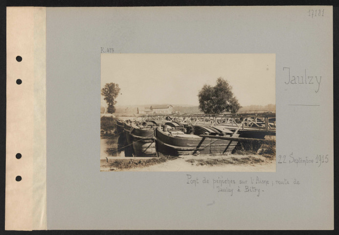 Jaulzy. Pont de péniches sur l'Aisne ; route de Jaulzy à Bitry
