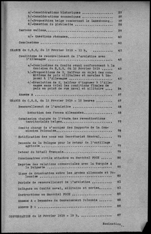TABLE DES MATIERES : Conférences et réunions du 10 février au 24 février 1919. Sous-Titre : Conférences de la paix