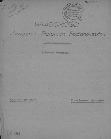 Wiadomosci Zwiazku Polskich Federalistow (1952 ; n°11-12)  Sous-Titre : Biuletyn wewnetrzny Okregu Kontynentalnego  Autre titre : Informations de l'Union des Fédéralistes Polonais
