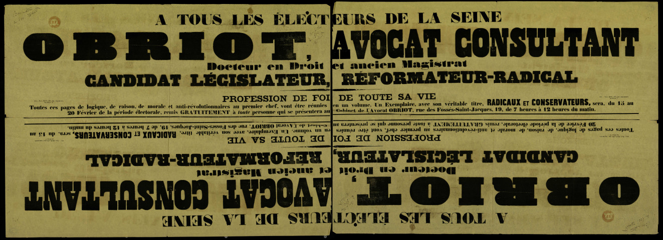 A tous les électeurs de la Seine : Obriot, Avocat consultant et ancien magistrat