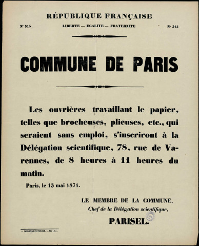 N°315. Les ouvrières travaillant le papier sans emploi, s'inscriront à la délégation scientifique