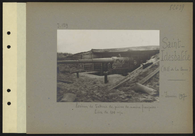 Saint-Idesbalde (nord-est de La Panne). Position de batterie de pièces de marine françaises. Pièce de 100 m/m