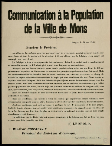 Communication à la Population de la Ville de Mons : Léopold... A monsieur Roosevelt