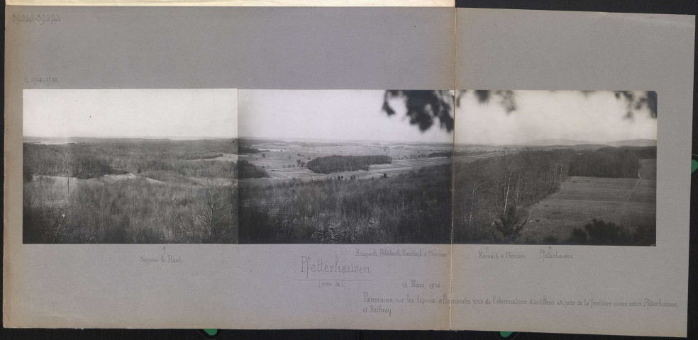 Pfetterhausen. Panorama sur les lignes allemandes pris de l'observatoire d'artillerie 45, près de la frontière suisse entre Pfetterhausen et Réchesy. Mornach à l'horizon. Pfetterhausen