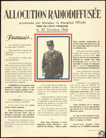Allocution radiodiffusée prononcée par Monsieur le Maréchal Pétain ... le 30 octobre 1940
