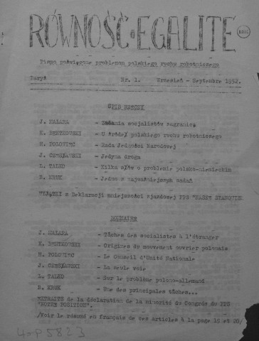 Rownosc (1952 : n°1)  Sous-Titre : Pismo poswiecone problemom polskiego ruchu robotniczego  Autre titre : Egalité