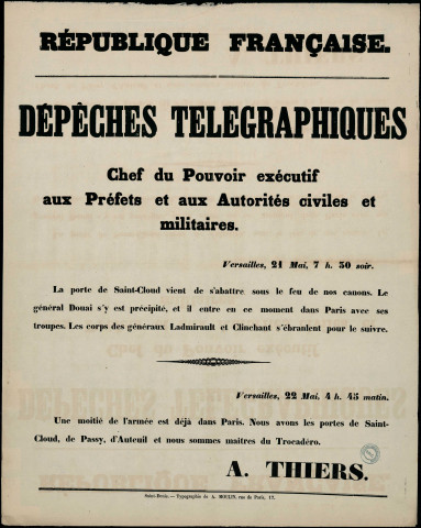 Dépêche télégraphique : La porte de Saint-Cloud vient de s'abbatre sous le feu de nos canons...