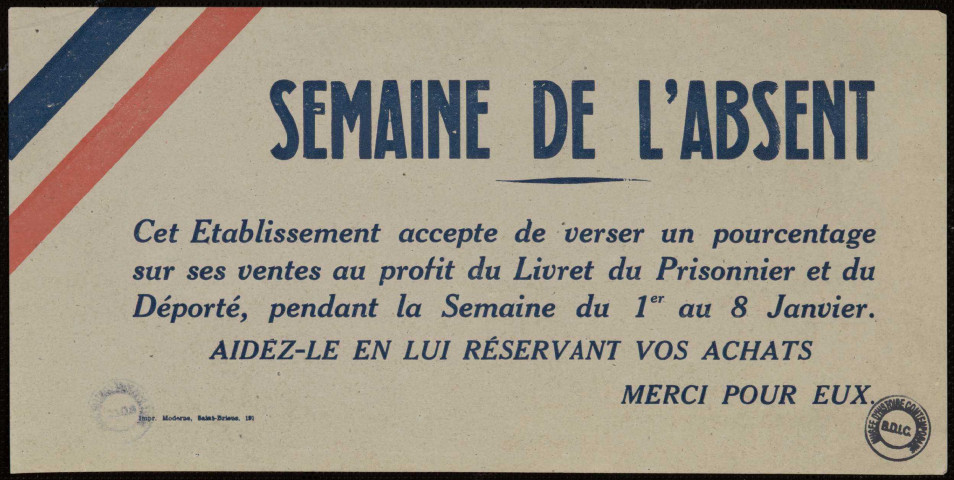 Semaine de l'absent : pourcentage... au profit du livret du prisonnier